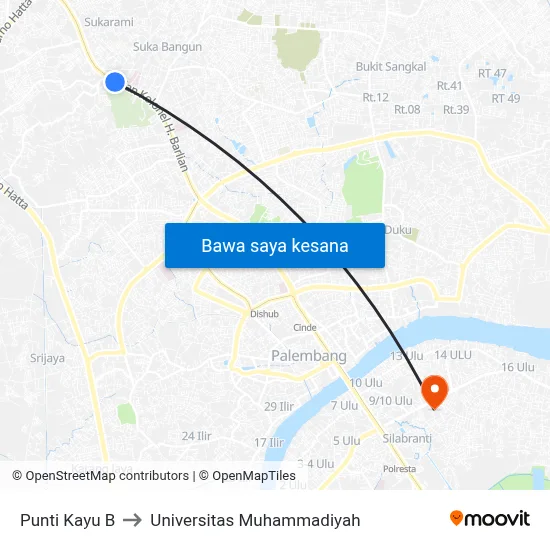 Punti Kayu B to Universitas Muhammadiyah map