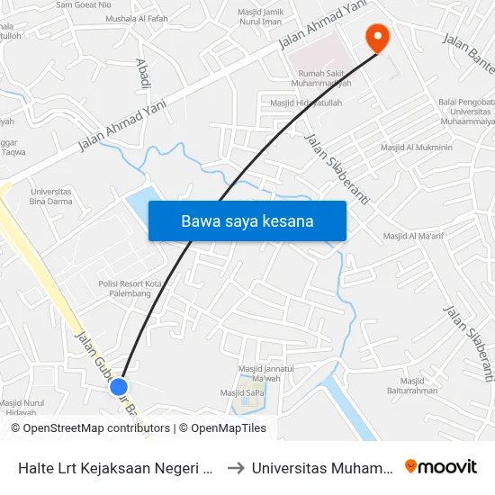 Halte Lrt Kejaksaan Negeri Palembang to Universitas Muhammadiyah map