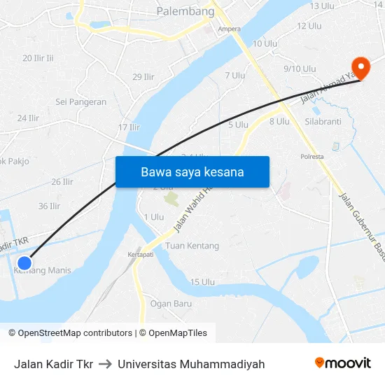 Jalan Kadir Tkr to Universitas Muhammadiyah map