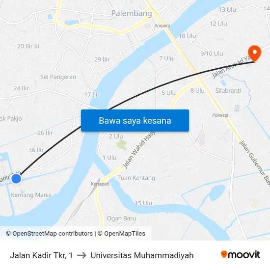Jalan Kadir Tkr, 1 to Universitas Muhammadiyah map