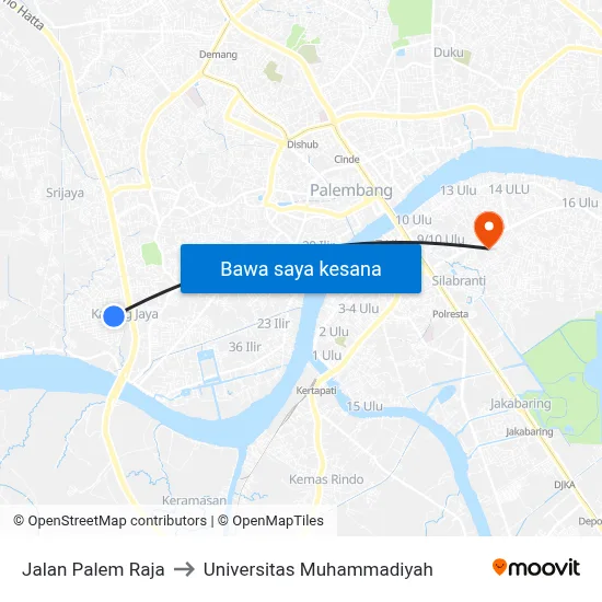 Jalan Palem Raja to Universitas Muhammadiyah map