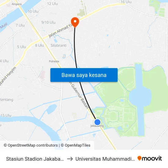 Stasiun Stadion Jakabaring to Universitas Muhammadiyah map