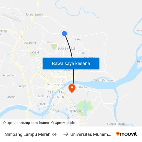 Simpang Lampu Merah Kenten Laut to Universitas Muhammadiyah map