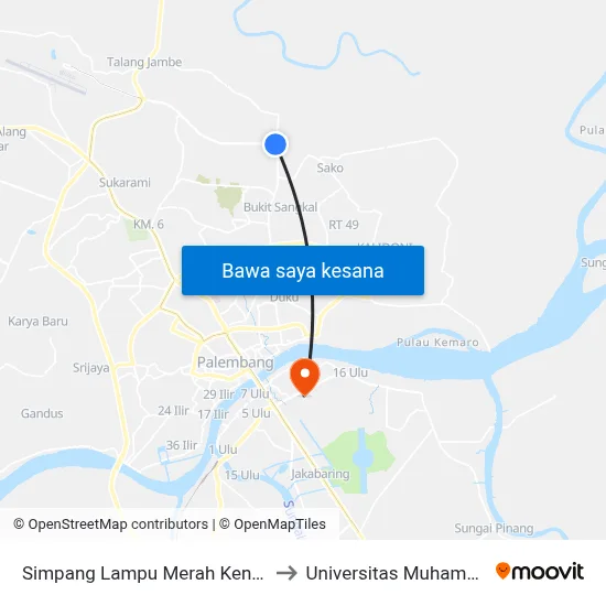 Simpang Lampu Merah Kenten Laut B to Universitas Muhammadiyah map