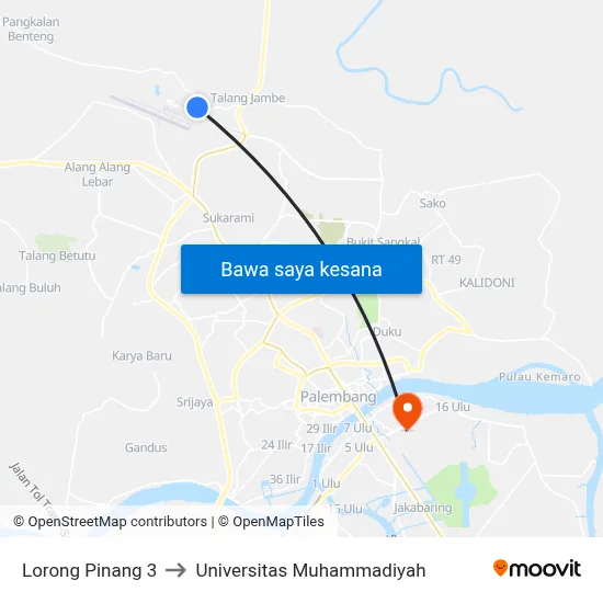 Lorong Pinang 3 to Universitas Muhammadiyah map