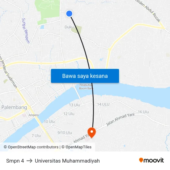 Smpn 4 to Universitas Muhammadiyah map