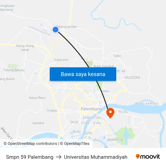 Smpn 59 Palembang to Universitas Muhammadiyah map