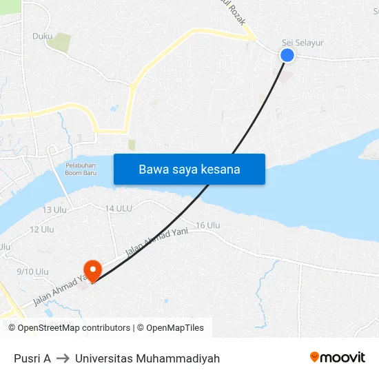 Pusri A to Universitas Muhammadiyah map