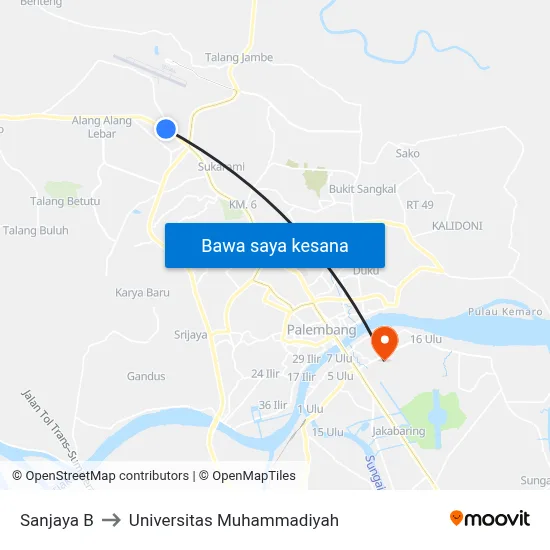 Sanjaya B to Universitas Muhammadiyah map