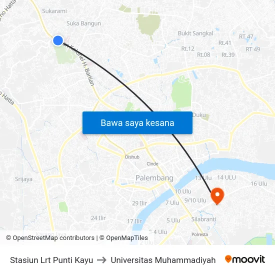 Stasiun Lrt Punti Kayu to Universitas Muhammadiyah map