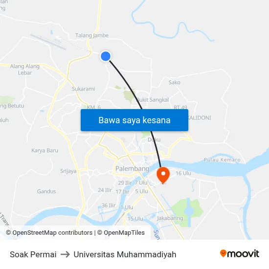 Soak Permai to Universitas Muhammadiyah map