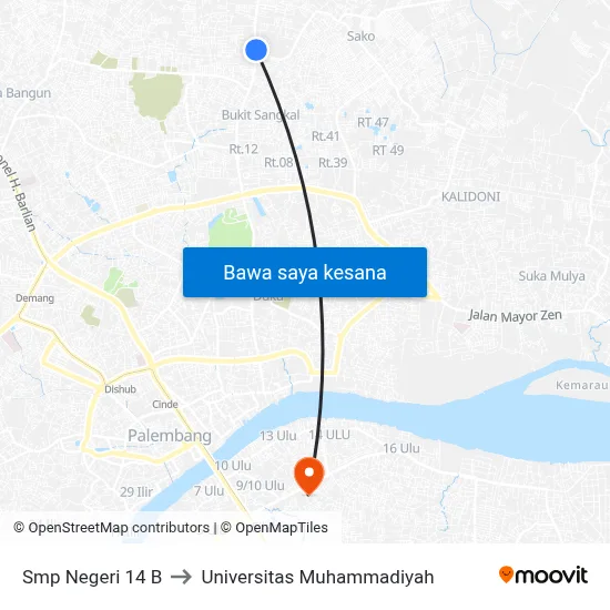 Smp Negeri 14 B to Universitas Muhammadiyah map