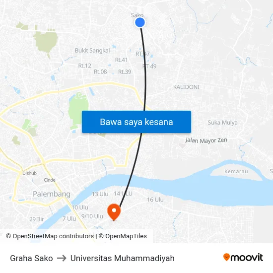 Graha Sako to Universitas Muhammadiyah map