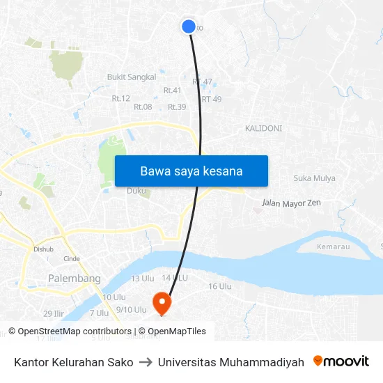 Kantor Kelurahan Sako to Universitas Muhammadiyah map