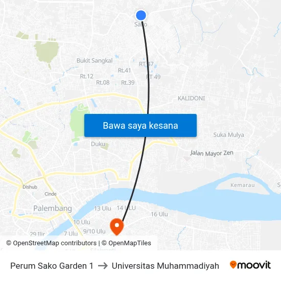Perum Sako Garden 1 to Universitas Muhammadiyah map