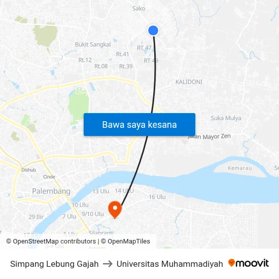 Simpang Lebung Gajah to Universitas Muhammadiyah map