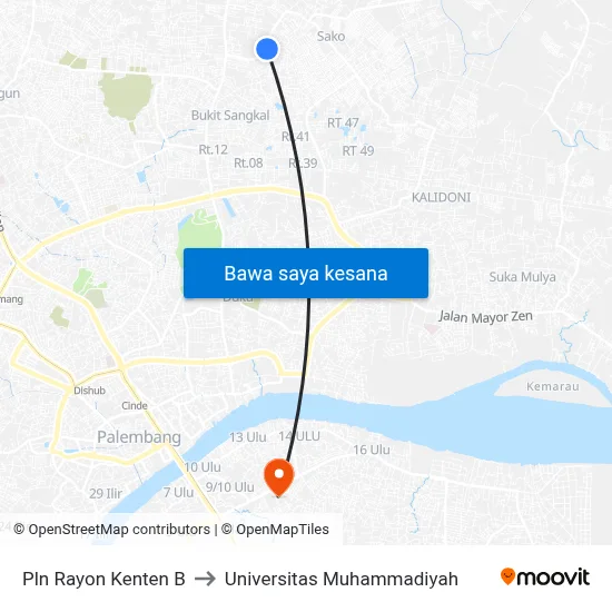 Pln Rayon Kenten B to Universitas Muhammadiyah map