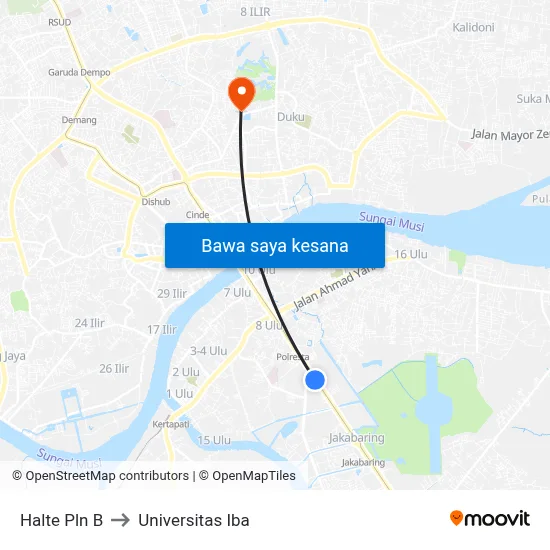 Halte Pln B to Universitas Iba map