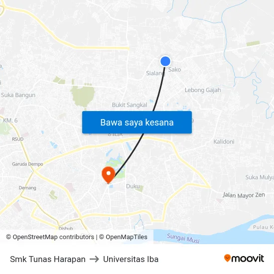 Smk Tunas Harapan to Universitas Iba map