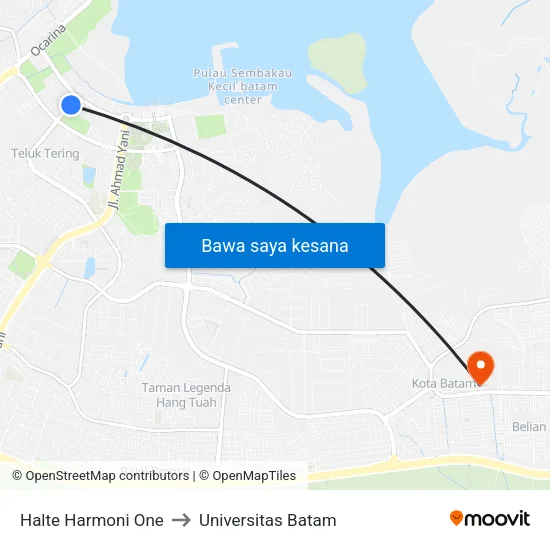 Halte Harmoni One to Universitas Batam map