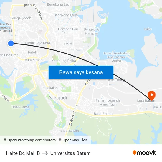 Halte Dc Mall B to Universitas Batam map