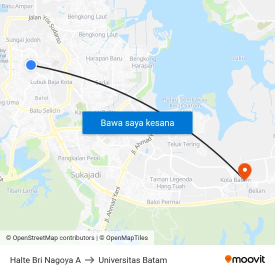 Halte Bri Nagoya A to Universitas Batam map