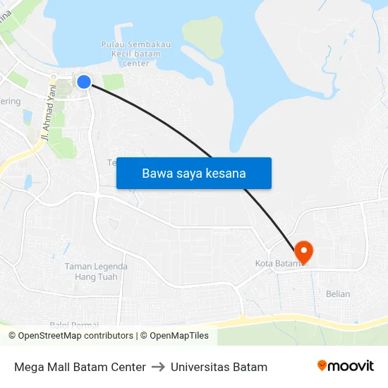 Mega Mall Batam Center to Universitas Batam map