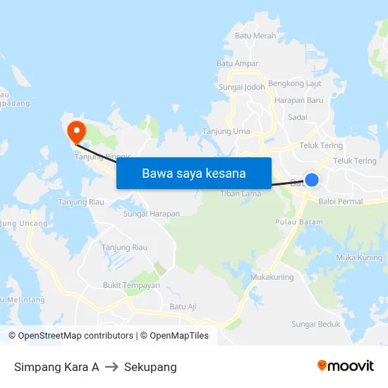 Simpang Kara A to Sekupang map
