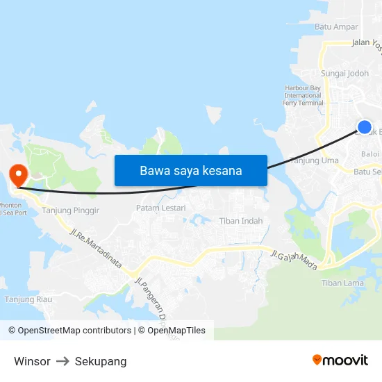 Winsor to Sekupang map
