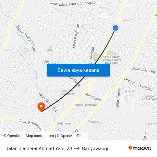 Jalan Jenderal Ahmad Yani, 29 to Banyuwangi map