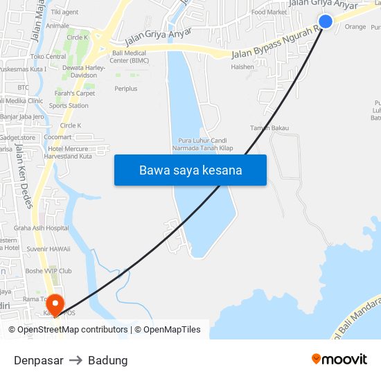 Denpasar to Badung map