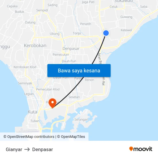 Gianyar to Denpasar map