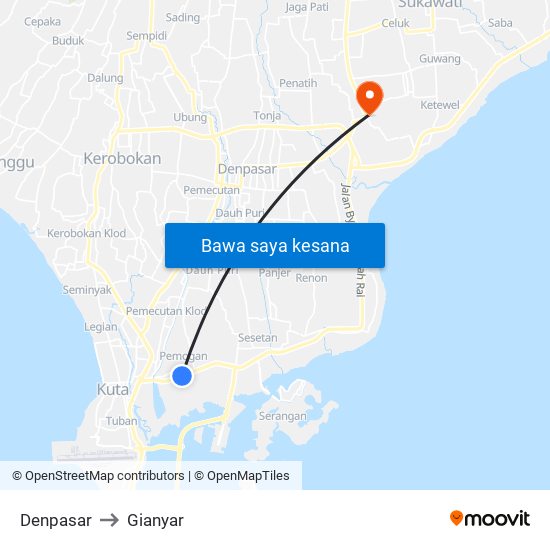 Denpasar to Gianyar map