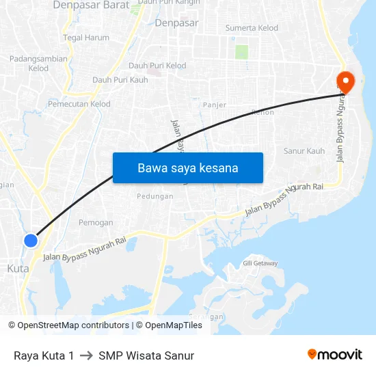 Raya Kuta 1 to SMP Wisata Sanur map