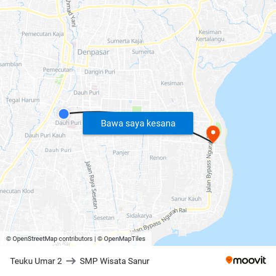 Teuku Umar 2 to SMP Wisata Sanur map