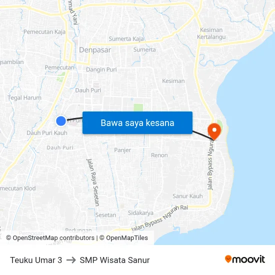 Teuku Umar 3 to SMP Wisata Sanur map
