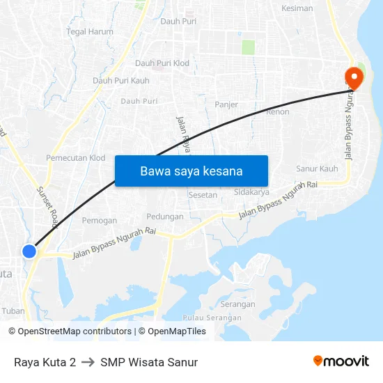 Raya Kuta 2 to SMP Wisata Sanur map
