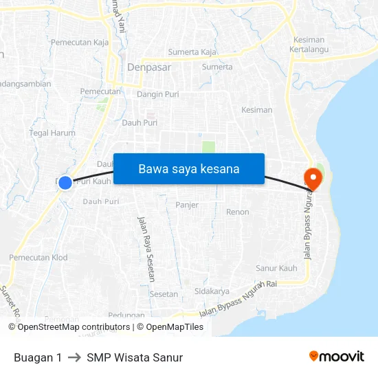 Buagan 1 to SMP Wisata Sanur map