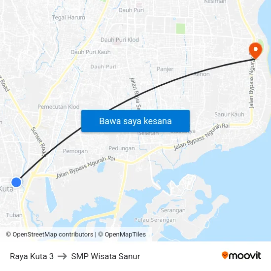 Raya Kuta 3 to SMP Wisata Sanur map