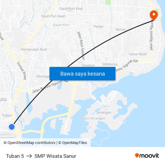 Tuban 5 to SMP Wisata Sanur map