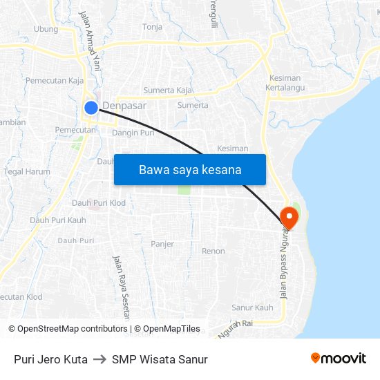 Puri Jero Kuta to SMP Wisata Sanur map