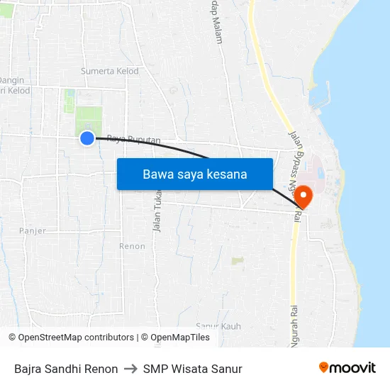 Bajra Sandhi Renon to SMP Wisata Sanur map