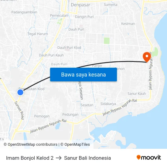 Imam Bonjol Kelod 2 to Sanur Bali Indonesia map