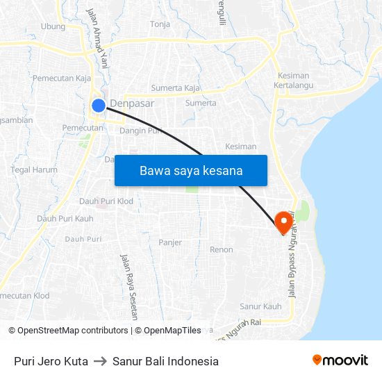 Puri Jero Kuta to Sanur Bali Indonesia map