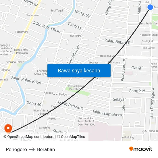 Ponogoro to Beraban map