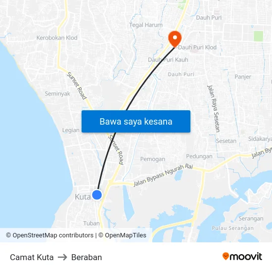 Camat Kuta to Beraban map