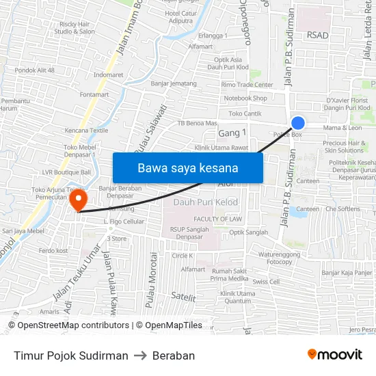 Timur Pojok Sudirman to Beraban map