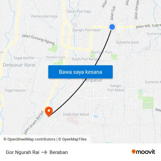 Gor Ngurah Rai to Beraban map