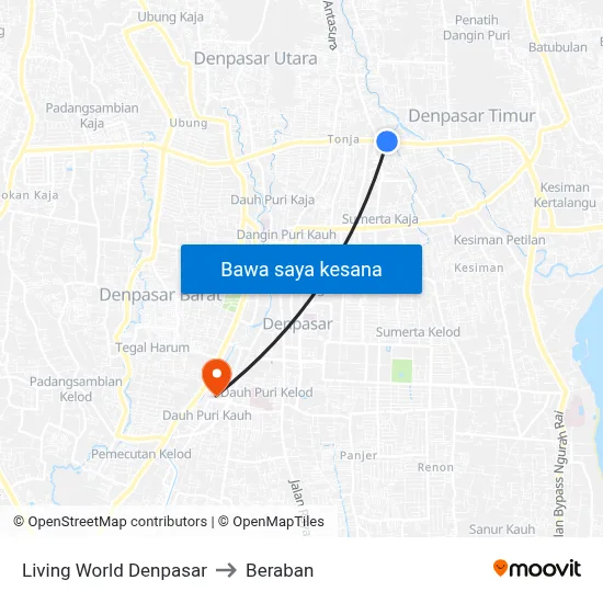 Living World Denpasar to Beraban map