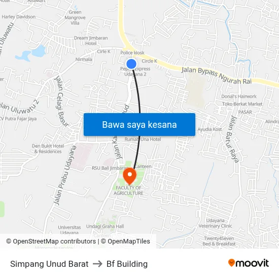 Simpang Unud Barat to Bf Building map